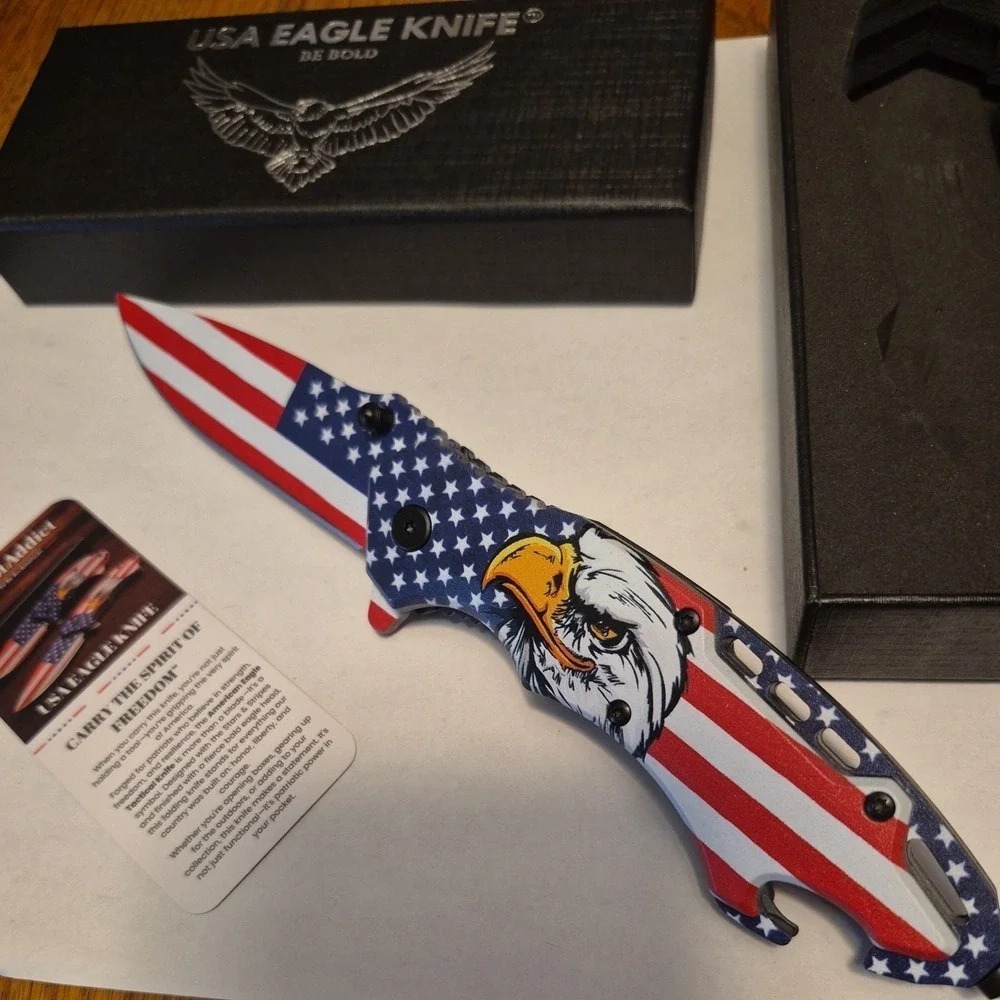 PatriotAddict USA Eagle Knife Tactical Folding Drop Point Red White Blue